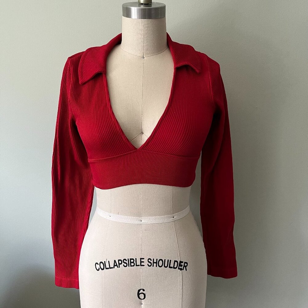 Garage Women's Red long sleeve deep plunge crop top Baddie Night Out S
